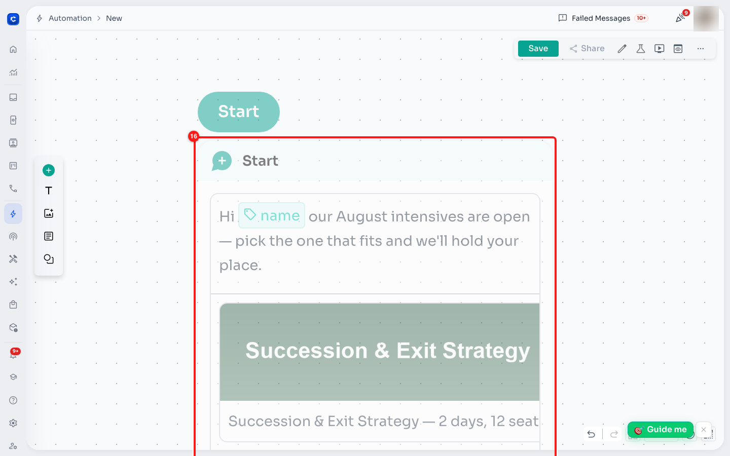 The message step on the canvas, previewing the opening line and the cards.