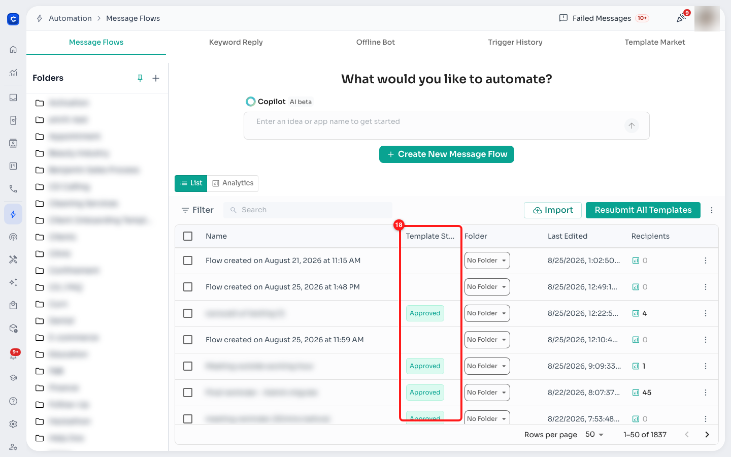 The Template Status column on the Message Flows list.