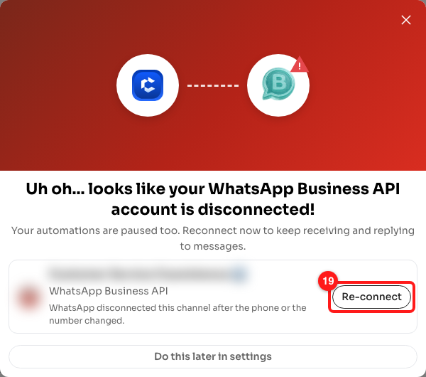 The channel disconnected popup. The channel name and picture are blurred here.