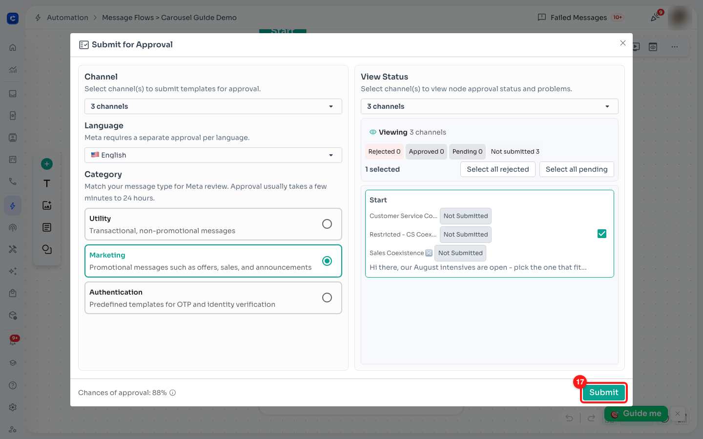 Submit for Approval: channel, language and category on the left; tick the step on the right; Submit.