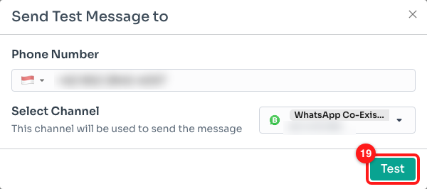 Send Test Message to — phone number and sending channel. The numbers are blurred here.