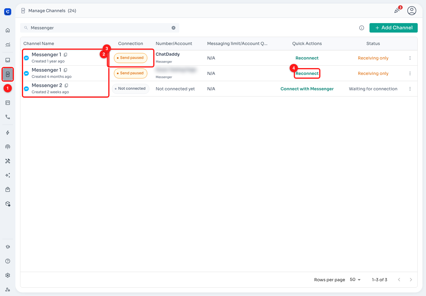 Manage Channels (1), filtered to Messenger Pages (2). The Connection column (3) must show Connected; use Reconnect (4) if it says Send paused.