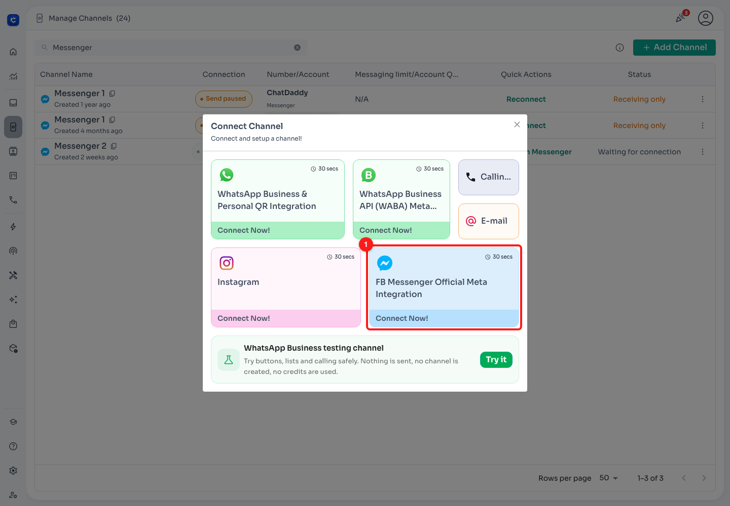 Add Channel → FB Messenger Official Meta Integration (1).