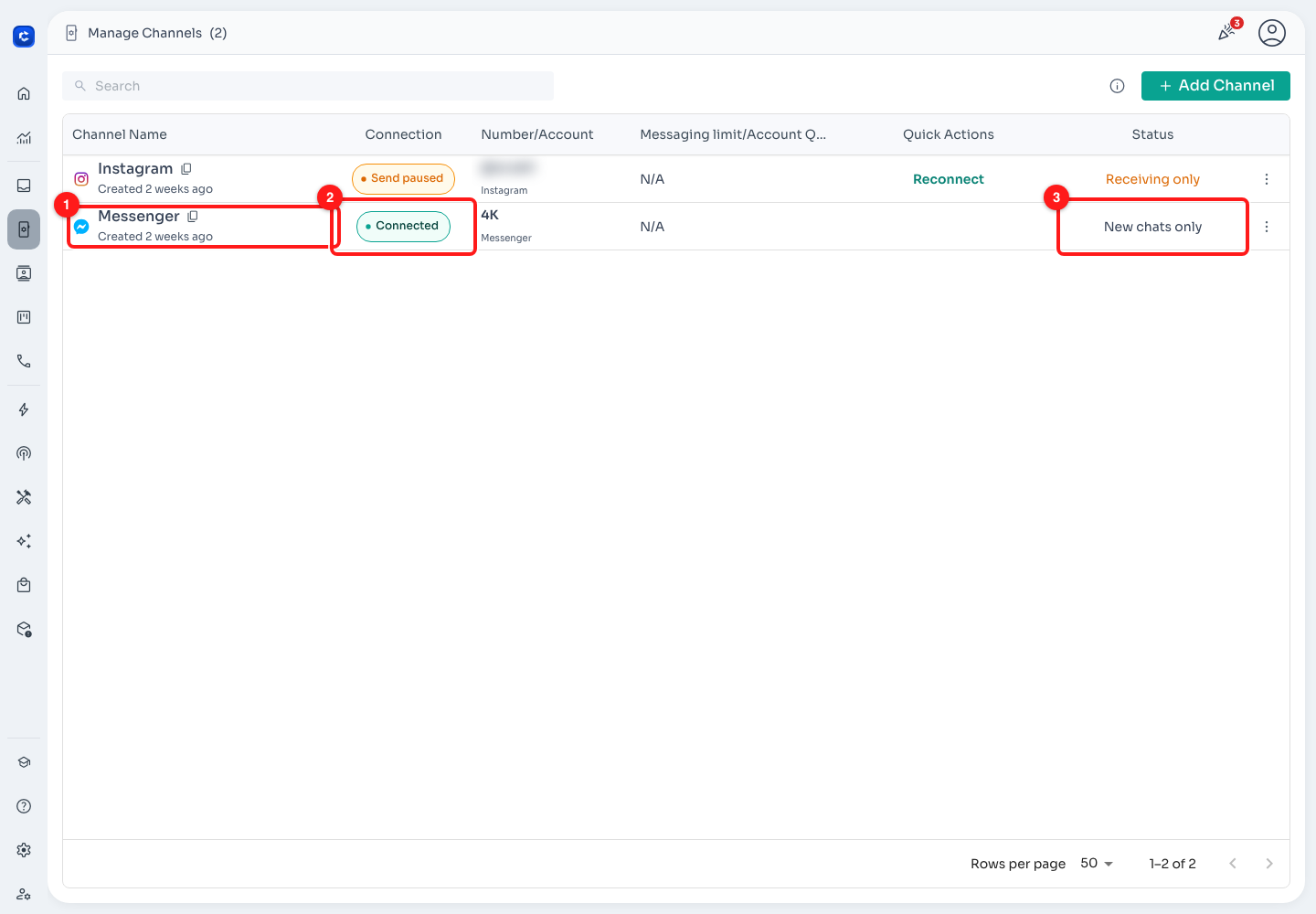 Messenger channel (1) is Connected (2), but New chats only (3): only chats that start after connecting come into ChatDaddy.