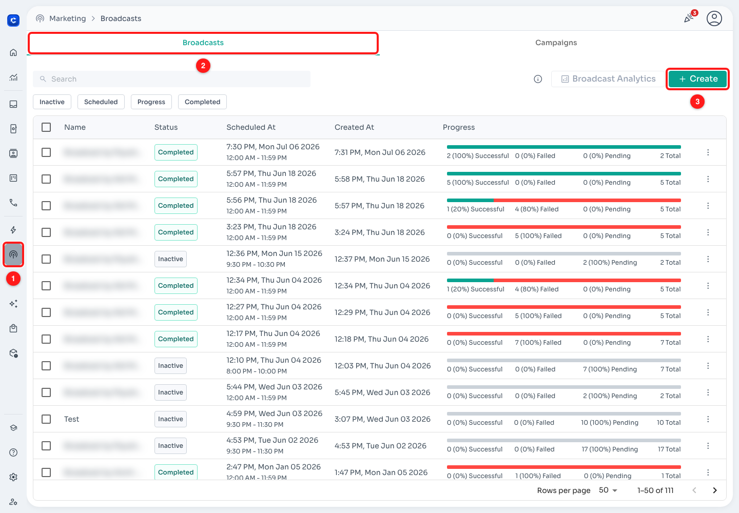 Marketing (1) → Broadcasts tab (2) → + Create (3).