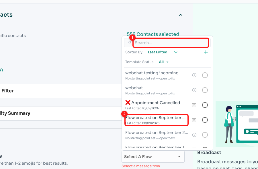 Search for the flow (1) and select it (2).