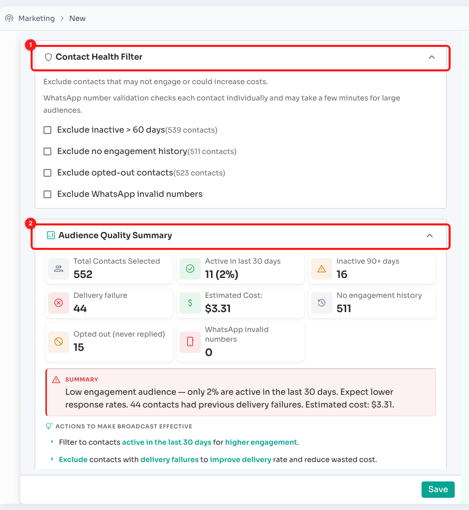 Contact Health Filter (1) and Audience Quality Summary (2).