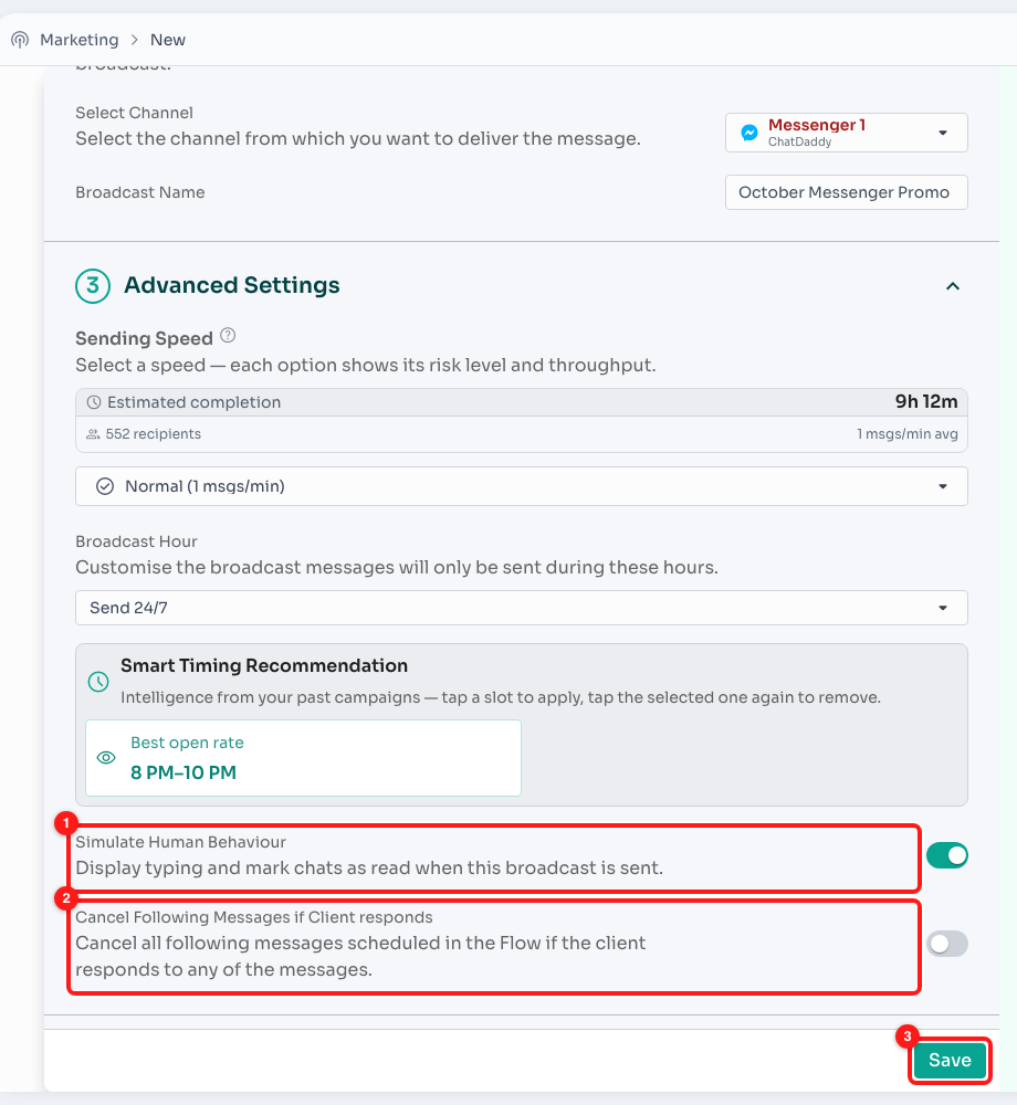 Simulate Human Behaviour (1), Cancel Following Messages if Client responds (2), Save (3).