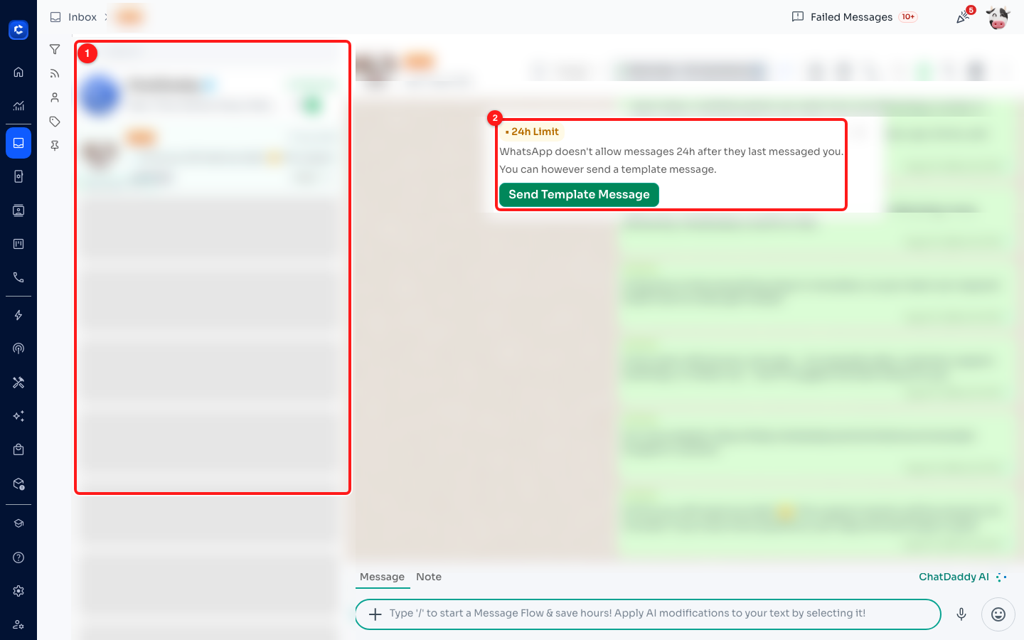 Step 1 — pick the chat from the list (1); the amber 24h Limit banner (2) shows the window has closed. Customer details are blurred here.