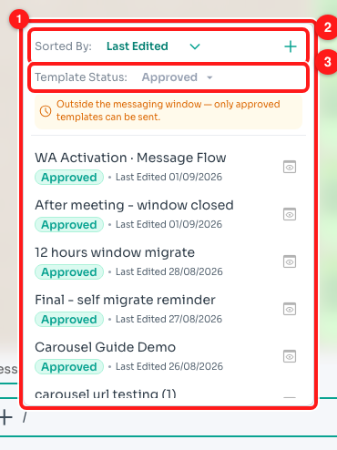 Step 8 — the picker (1), Sorted By (2) and the Template Status filter (3).