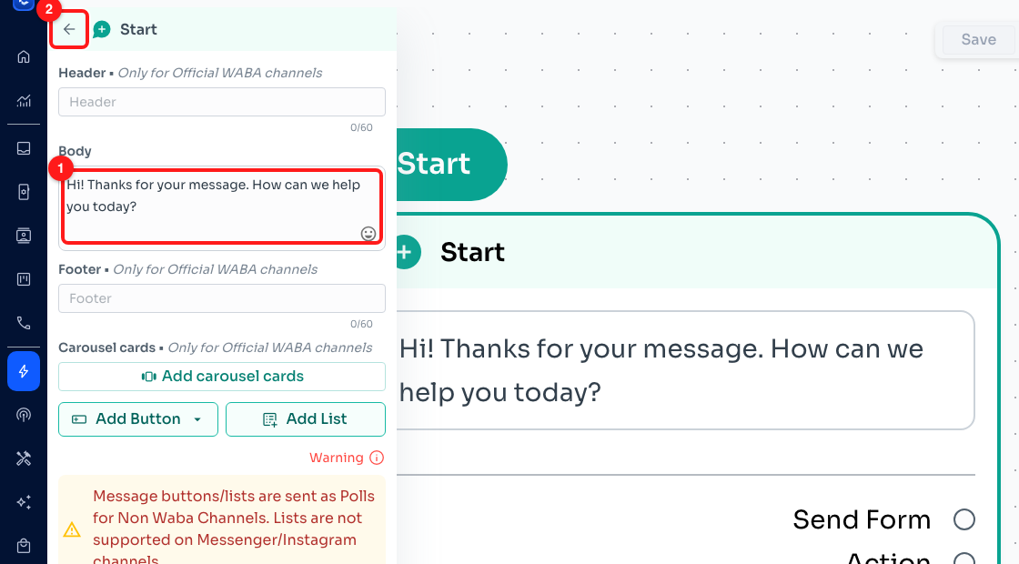 Step A2 — type your message into Body (1), then close the panel with the back arrow (2).