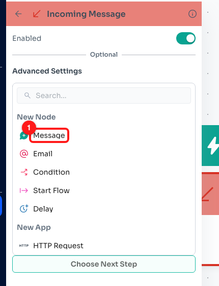 Step B3 — Choose Next Step, then Message (1), so the trigger has something to send.