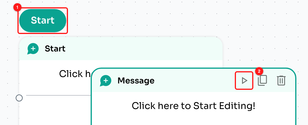 The green Start pill on the current starting message (1), and the ▶ Set as starting message button on another step (2).