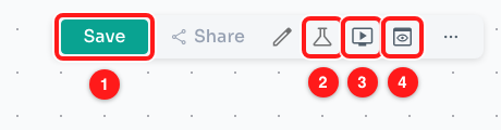 Step A3 — Save (1), Test (2), Demo Preview (3) and Preview Flow (4).