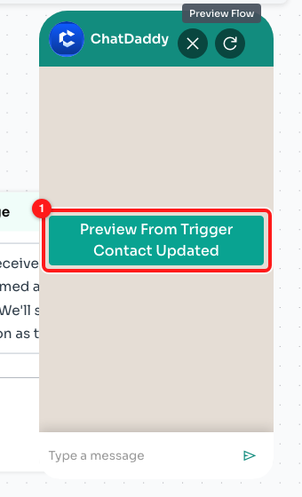 A flow started by a trigger asks which trigger to preview from (1).