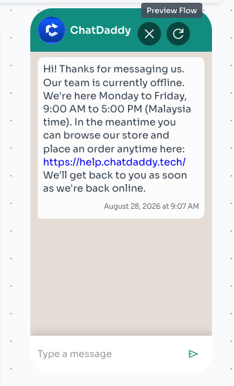 A flow whose starting point is a message plays immediately in the preview panel.