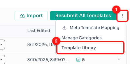 Step 1 — the ⋮ menu at the top right of the flows list (1) holds the Template Library entry (2).