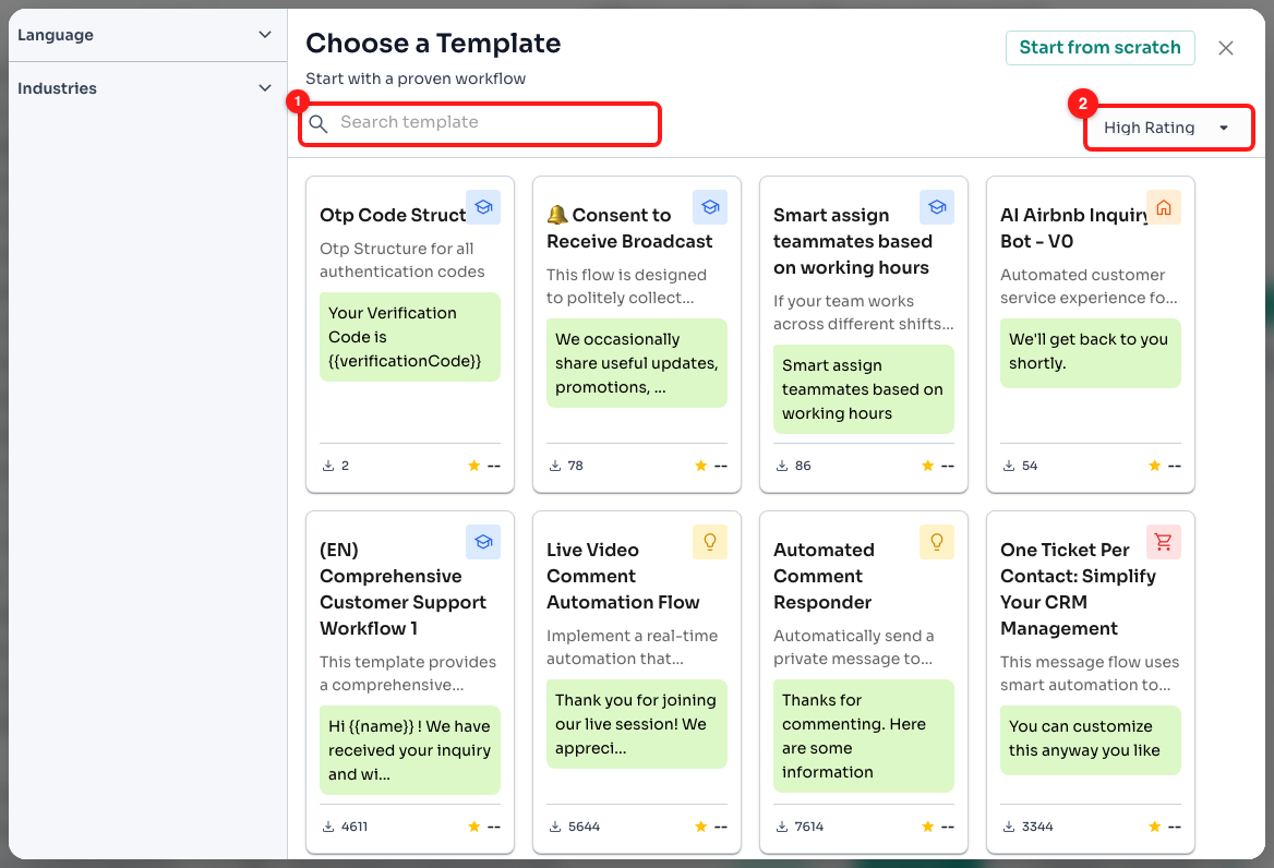 Step 3 — the Search template box (1) and the sort dropdown, showing High Rating by default (2).