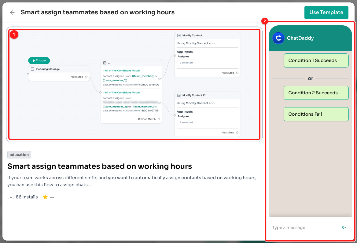 Step 5 — the flow laid out on a read-only canvas (1) and the customer’s view of the conversation (2).