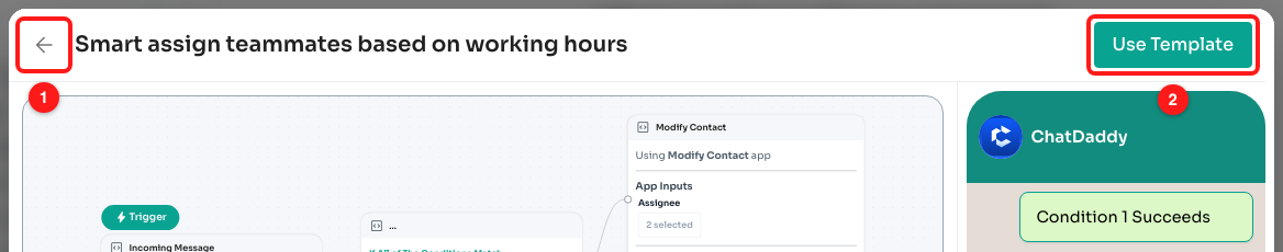 Step 6 — the back arrow returns you to the catalogue (1); Use Template imports it into your account (2).
