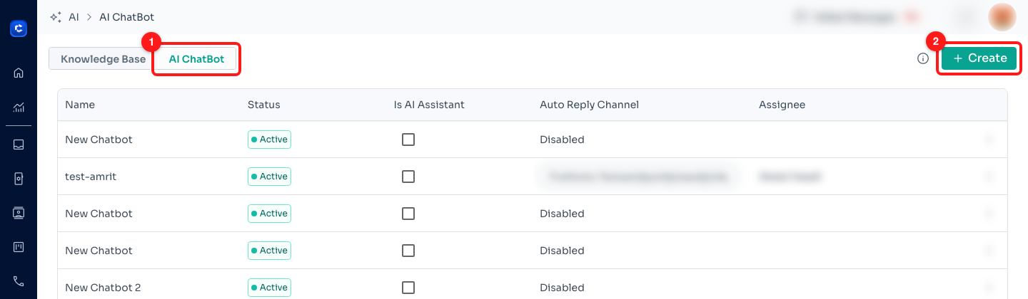 Step 1 — the AI ChatBot tab (1) and the Create button (2). Agent names and channels are blurred here.