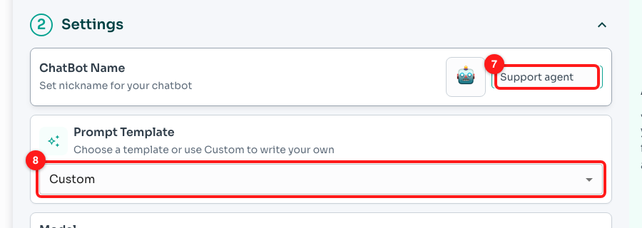 Step 3 — the ChatBot Name field (7) and the Prompt Template box, still on Custom (8).