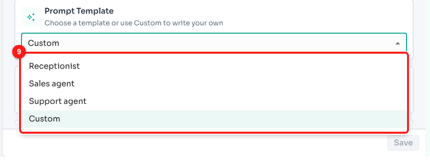Step 4 — the four options in the Prompt Template list (9).