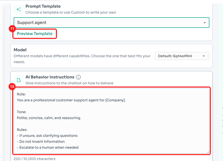 Step 6 — the Preview Template button appears once a template is chosen (11), and the template's wording lands in AI Behavior Instructions (12).