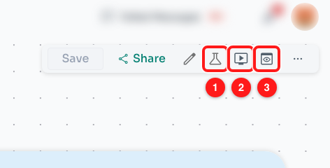 Step 1 — Test (1), Demo Preview (2) and Preview Flow (3) in the flow builder's top bar.
