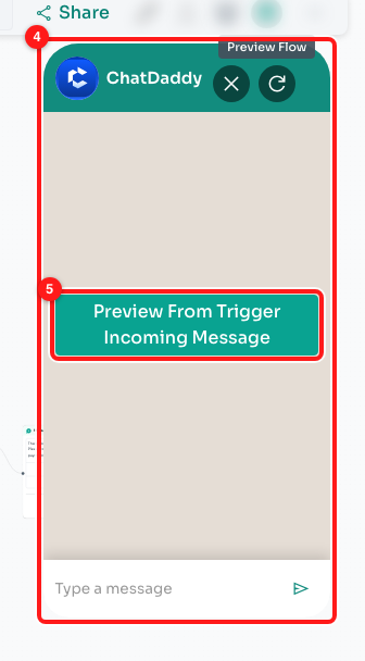 Step 2 — the preview panel (4) and the button that chooses where the preview starts (5).