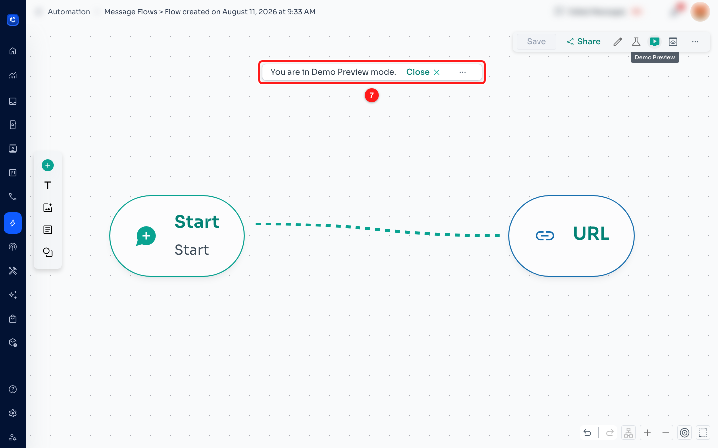 Step 4 — the banner that confirms you are in Demo Preview mode (7). Click the X on the banner to leave it.