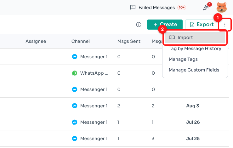 Step 1 — the ⋮ button at the top right of the Contacts page (1) and the Import option inside it (2).