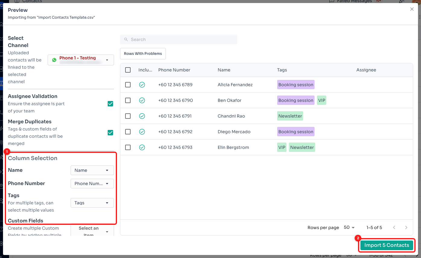 Step 3 — Column Selection maps your headings onto ChatDaddy fields (1). The button at the bottom right names exactly how many contacts will be created (2).