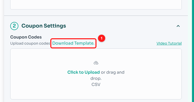 The coupon codes template sits beside the Coupon Codes upload box (1).