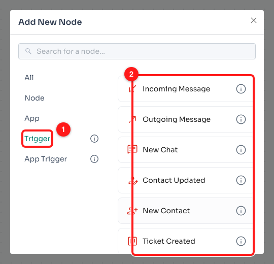 Step 2 — the Trigger category (1) and the events available to your team (2).