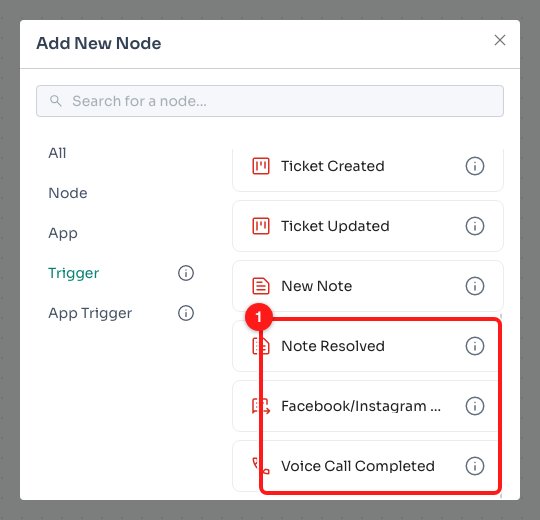 Step 2 — the remaining events: Note Resolved, Facebook/Instagram Comment and Voice Call Completed (1).