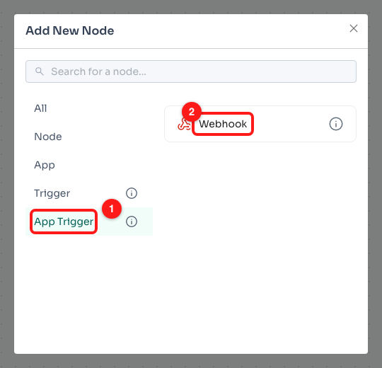 Step 3 — App Trigger (1) and the Webhook trigger (2).