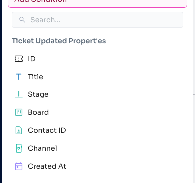 The Condition's property list is named after the trigger it follows — here, Ticket Updated Properties.