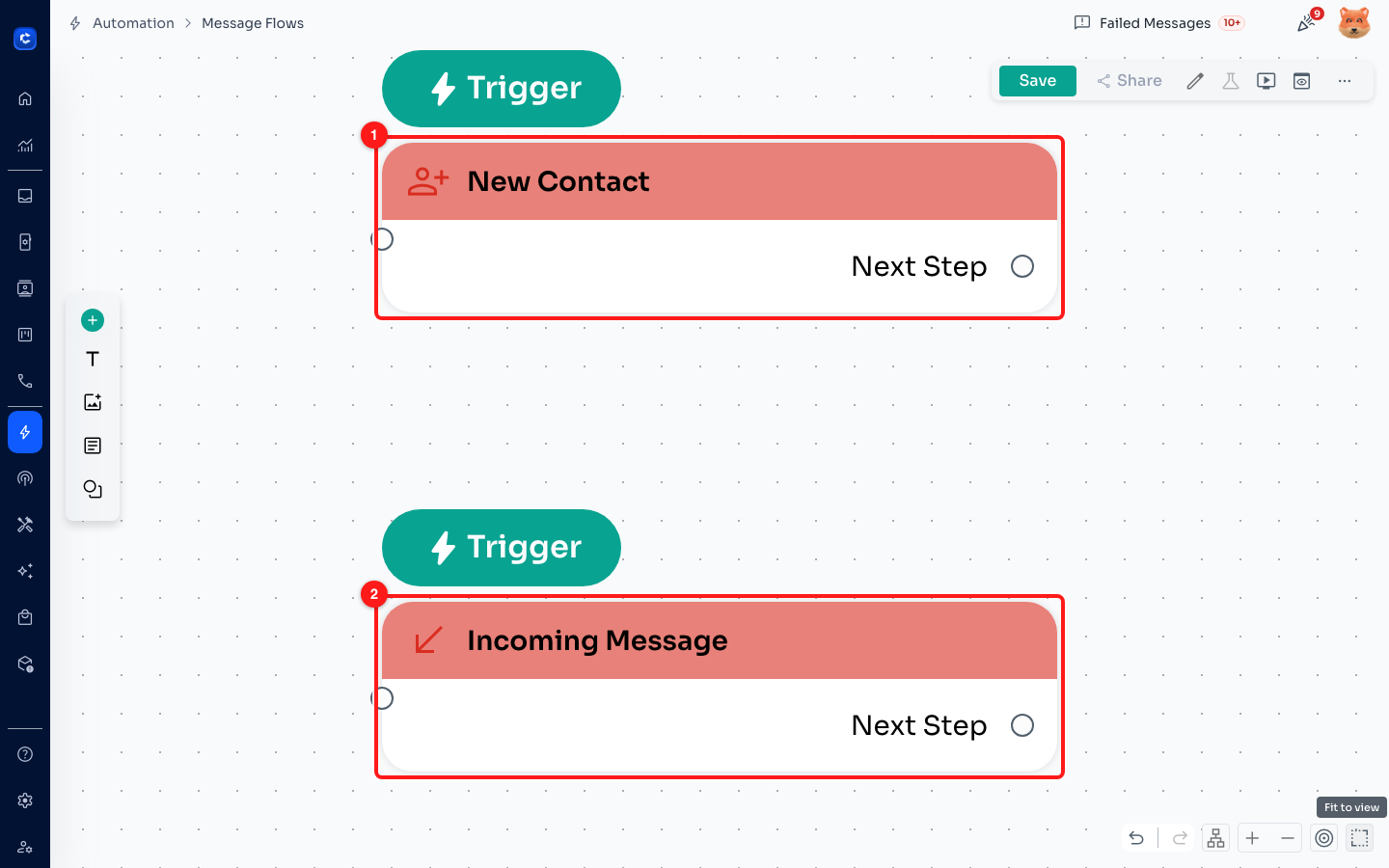 Two triggers on one flow (1, 2). Each starts the flow on its own event.