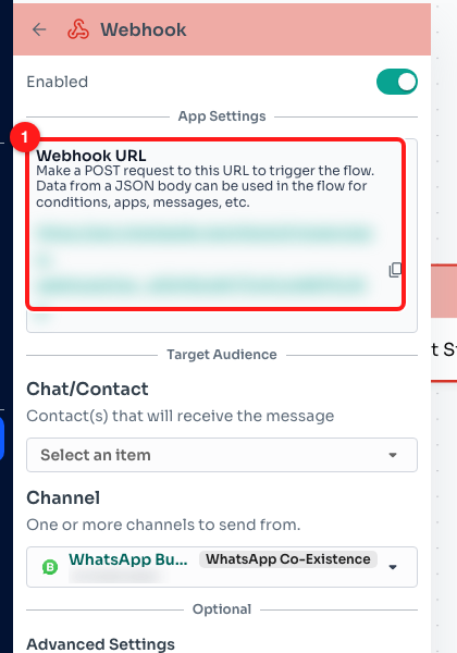 The Webhook trigger after saving: the generated URL (1), then Target Audience. The URL is blurred here — treat yours as a secret.