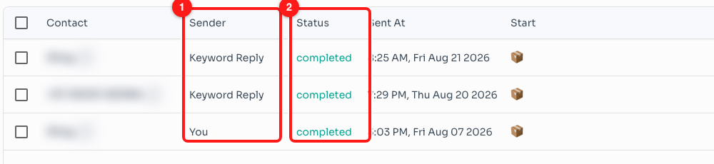 A flow's Recipients list: what started each run (1) and how it ended (2). Contact names are blurred here.