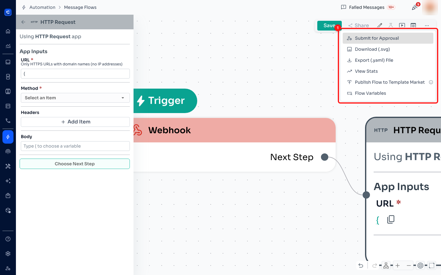 ① the ⋯ menu: Submit for Approval, Download (.svg), Export (.yaml) File, View Stats, Publish Flow to Template Market, Flow Variables.
