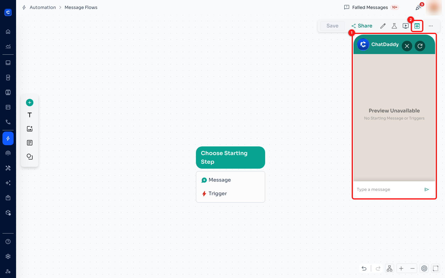 ① the preview panel refusing to run, and telling you the reason. ② the Preview Flow toggle.