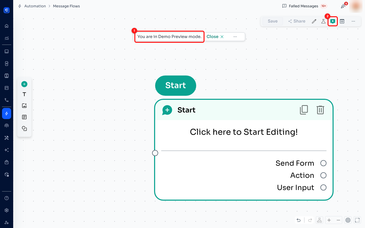 ① the Demo Preview banner. ② the Demo Preview button. Nothing is sent in this mode.