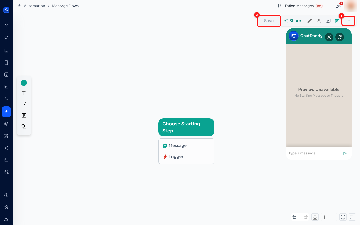 ① the ⋯ menu, where View Stats lives once the flow has run. ② Save.