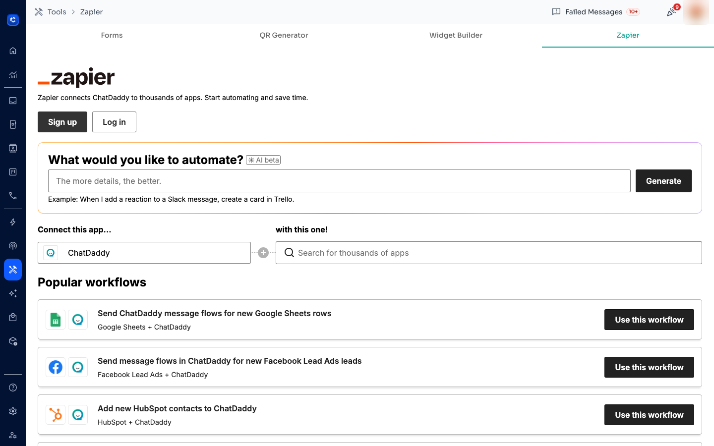 ① pair ChatDaddy with any Zapier app. ② ready-made workflows, including Google Sheets ➜ message flow.
