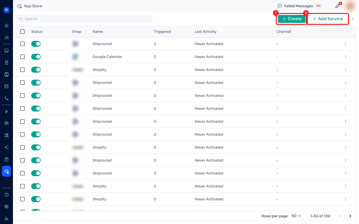 ① + Create — connect a new app from the 21 supported ones. ② + Add Service — attach a service you already have an ID and URL for.