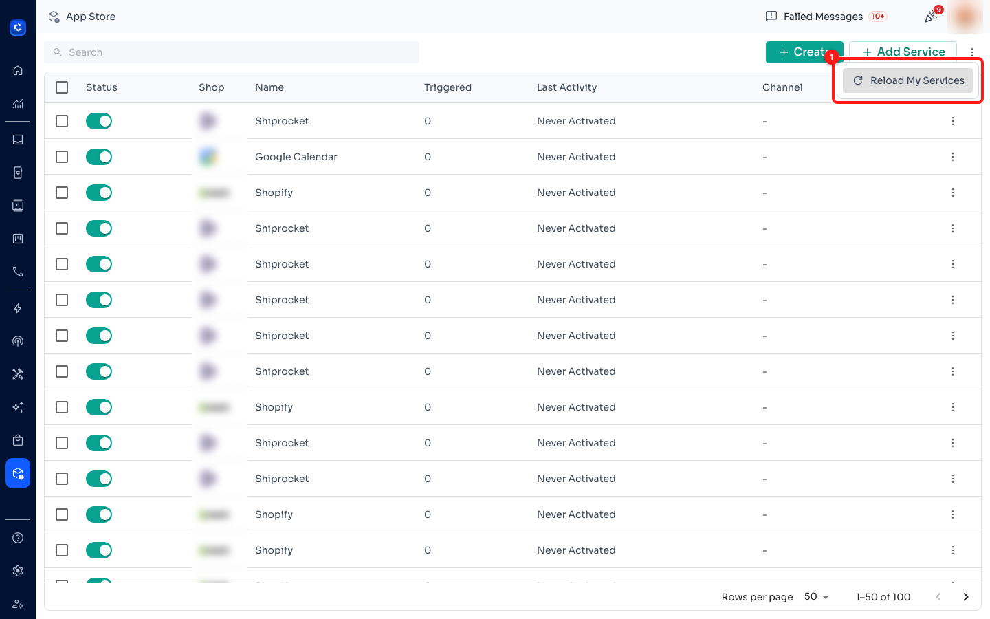 ① Reload My Services — re-fetches the list from the connected accounts. Use it when a shop you just connected is not showing up.