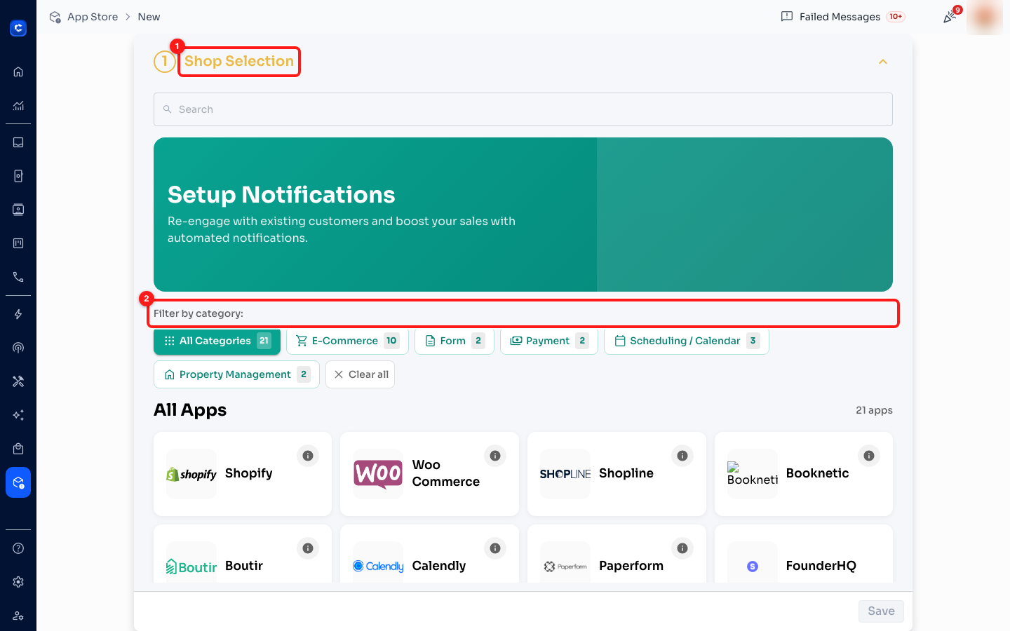 ① step ① Shop Selection. ② the category filter — the counts tell you how many apps are in each group.