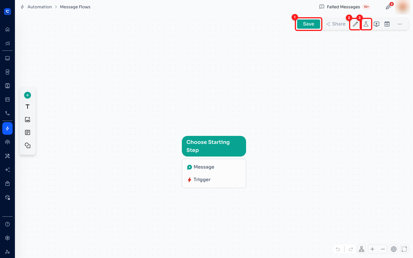① Save — the flow must be saved to appear in Select A Flow. ② Edit Flow Details — give it a name you will recognise in the picker. ③ Test — send the flow to your own number.